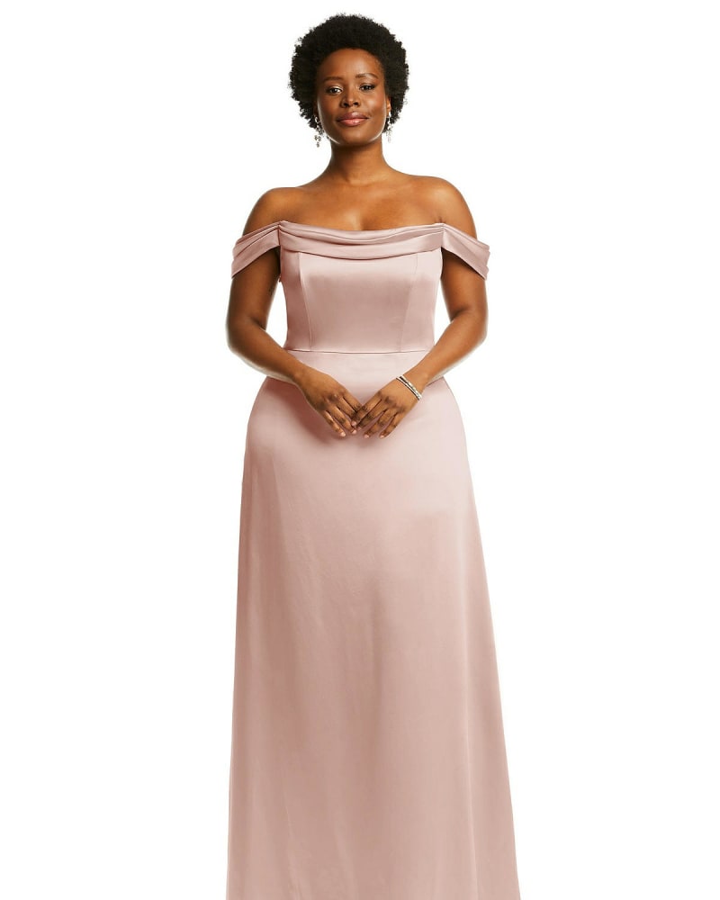 Front of a model wearing a size 18W Draped Pleat Off-the-Shoulder Maxi Dress in Toasted Sugar by Dessy Collection. | dia_product_style_image_id:267051